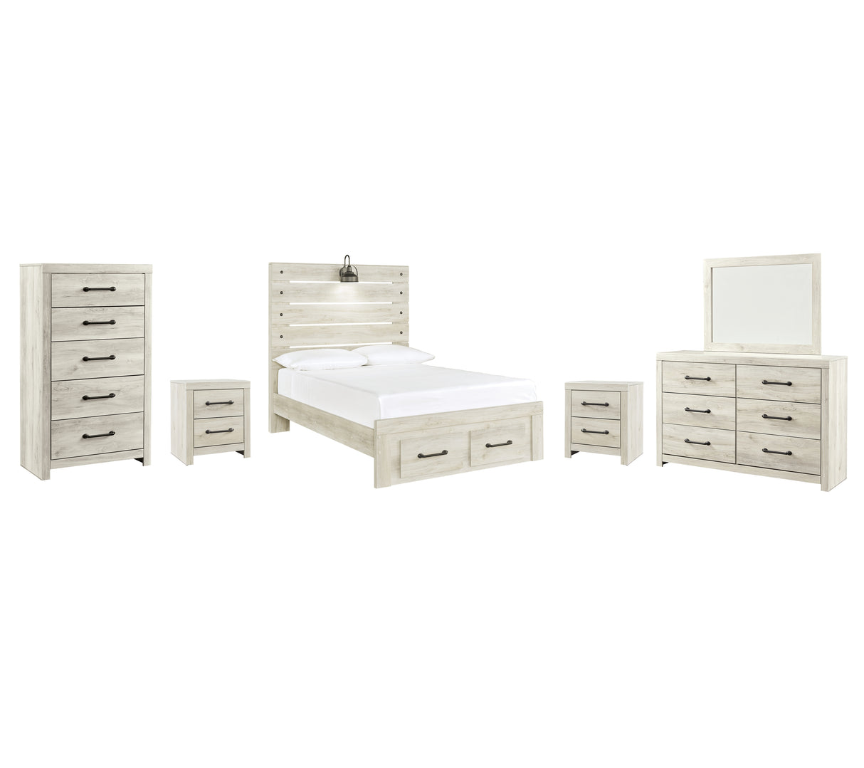 Cambeck Full Panel Bed with 2 Storage Drawers with Mirrored Dresser, Chest and 2 Nightstands in Whitewash - PKG003054