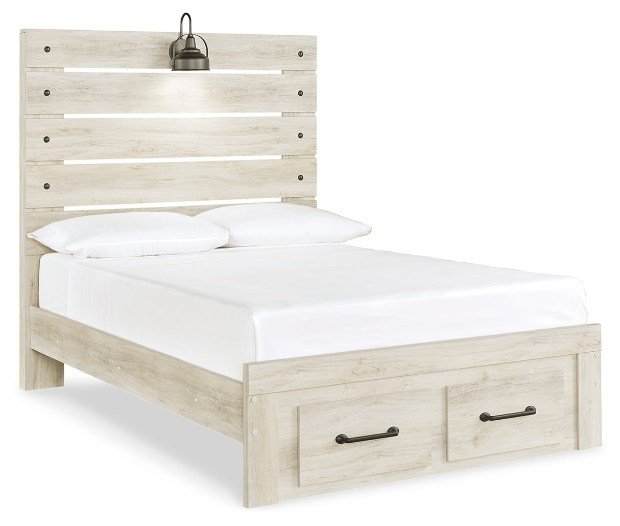 Cambeck Full Panel Bed with 2 Storage Drawers with Mirrored Dresser, Chest and 2 Nightstands in Whitewash - PKG003054