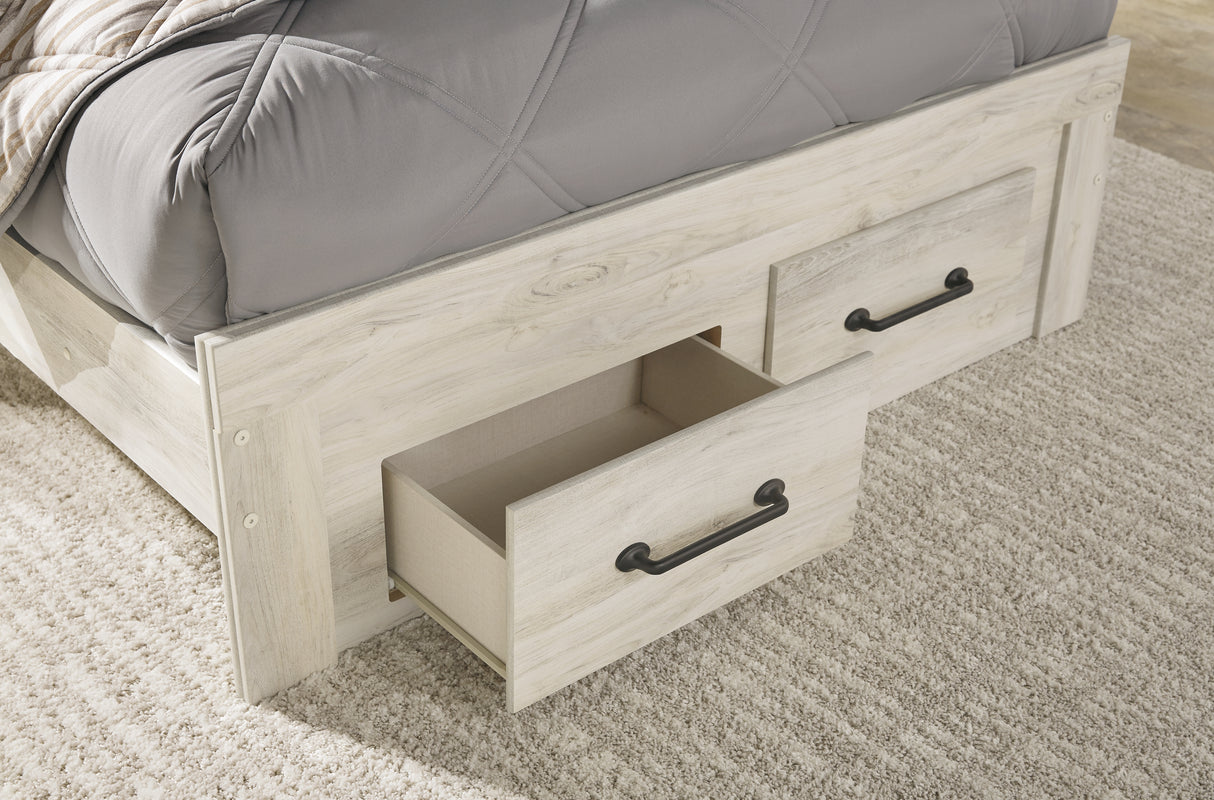 Cambeck Full Panel Bed with 2 Storage Drawers with Mirrored Dresser, Chest and 2 Nightstands in Whitewash - PKG003054