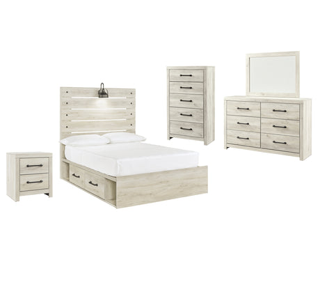 Cambeck Full Panel Bed with 2 Storage Drawers with Mirrored Dresser, Chest and Nightstand in Whitewash from Ashley - Luna Furniture