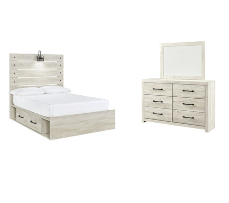 Cambeck Full Panel Bed with 2 Storage Drawers with Mirrored Dresser in Whitewash - PKG002987