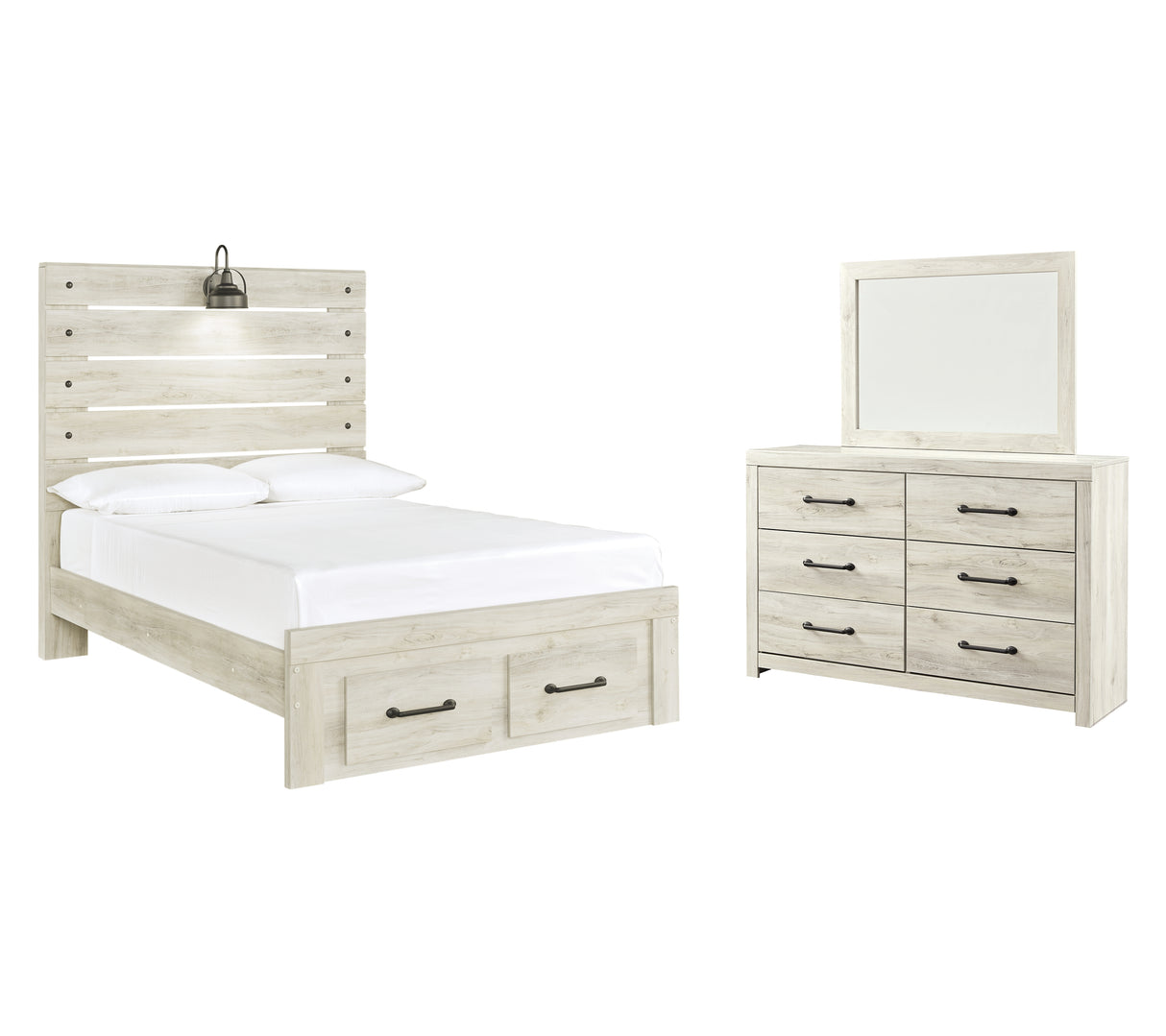 Cambeck Full Panel Bed with 2 Storage Drawers with Mirrored Dresser in Whitewash - PKG003050