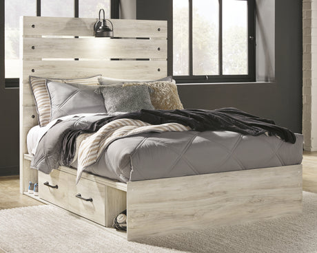 Cambeck Full Panel Bed with 4 Storage Drawers with Mirrored Dresser and 2 Nightstands in Whitewash - PKG003057