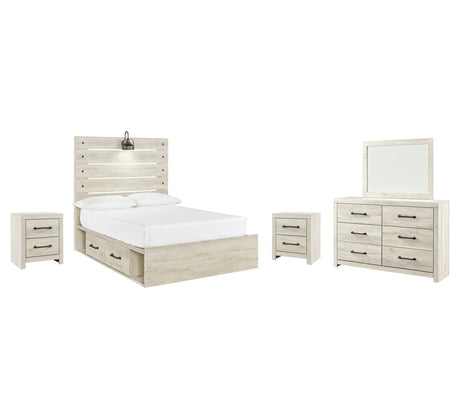 Cambeck Full Panel Bed with 4 Storage Drawers with Mirrored Dresser and 2 Nightstands in Whitewash from Ashley - Luna Furniture