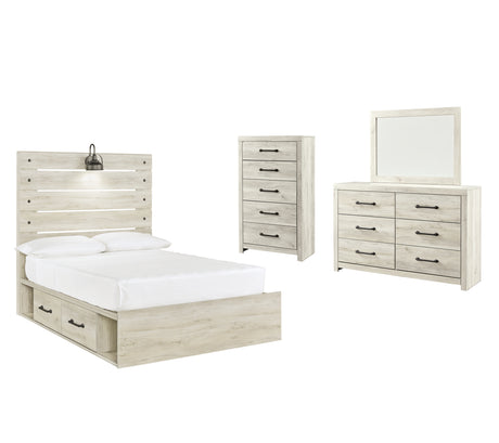 Cambeck Full Panel Bed with 4 Storage Drawers with Mirrored Dresser and Chest in Whitewash from Ashley - Luna Furniture