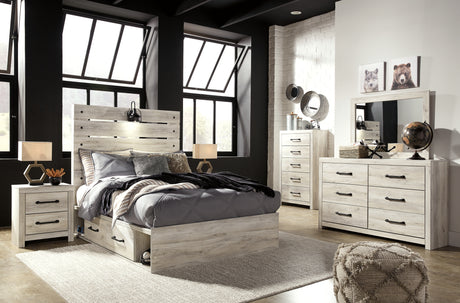 Cambeck Full Panel Bed with 4 Storage Drawers with Mirrored Dresser, Chest and 2 Nightstands in Whitewash - PKG003061