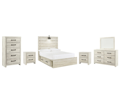 Cambeck Full Panel Bed with 4 Storage Drawers with Mirrored Dresser, Chest and 2 Nightstands in Whitewash from Ashley - Luna Furniture