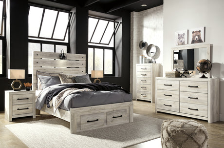 Cambeck Full Panel Bed with 4 Storage Drawers with Mirrored Dresser, Chest and Nightstand in Whitewash - PKG003059