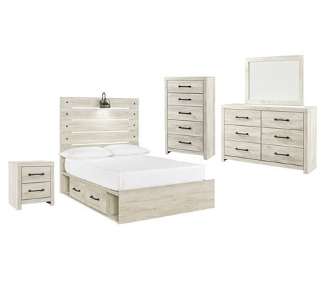 Cambeck Full Panel Bed with 4 Storage Drawers with Mirrored Dresser, Chest and Nightstand in Whitewash - PKG003059