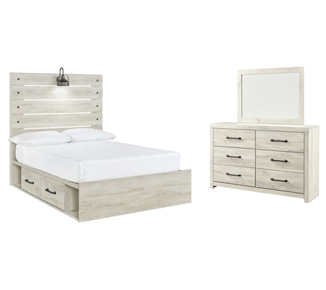 Cambeck Full Panel Bed with 4 Storage Drawers with Mirrored Dresser in Whitewash from Ashley - Luna Furniture