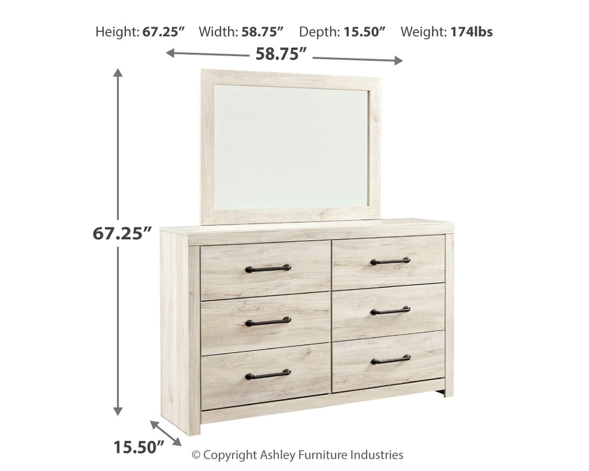 Cambeck King/California King Upholstered Panel Headboard with Mirrored Dresser and Chest in Whitewash - PKG010590