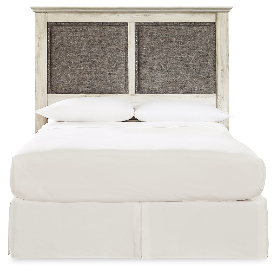 Cambeck King/California King Upholstered Panel Headboard with Mirrored Dresser and Chest in Whitewash - PKG010590