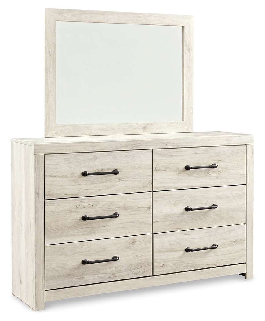 Cambeck King/California King Upholstered Panel Headboard with Mirrored Dresser and Chest in Whitewash - PKG010590