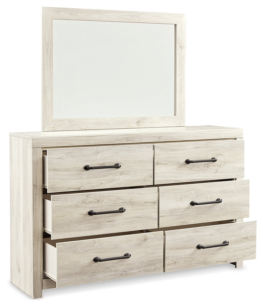 Cambeck King/California King Upholstered Panel Headboard with Mirrored Dresser and Chest in Whitewash - PKG010590