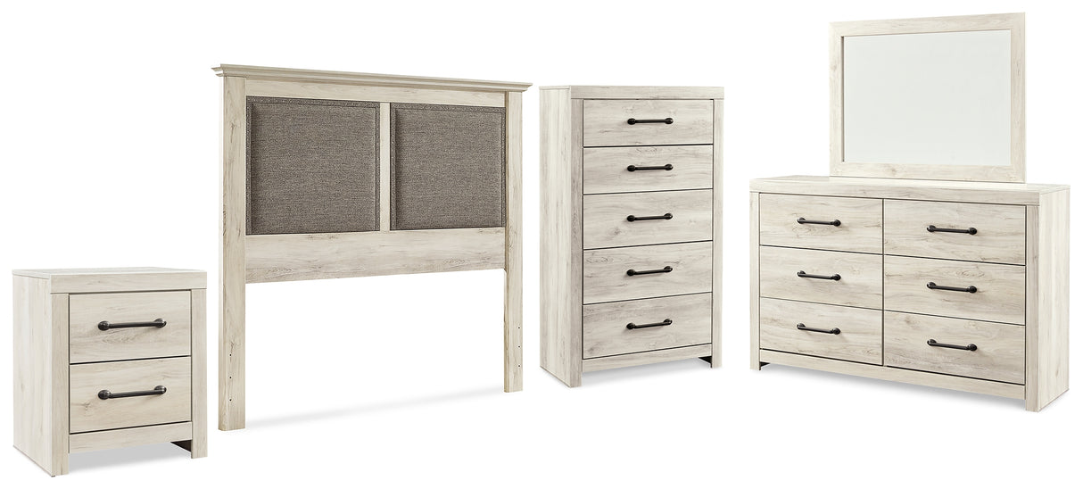 Cambeck King/California King Upholstered Panel Headboard with Mirrored Dresser, Chest and Nightstand in Whitewash from Ashley - Luna Furniture