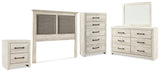 Cambeck King/California King Upholstered Panel Headboard with Mirrored Dresser, Chest and Nightstand in Whitewash - PKG010591