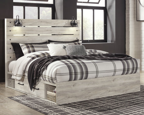 Cambeck King Panel Bed with 2 Storage Drawers with Mirrored Dresser and 2 Nightstands in Whitewash - PKG003003