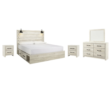 Cambeck King Panel Bed with 2 Storage Drawers with Mirrored Dresser and 2 Nightstands in Whitewash from Ashley - Luna Furniture