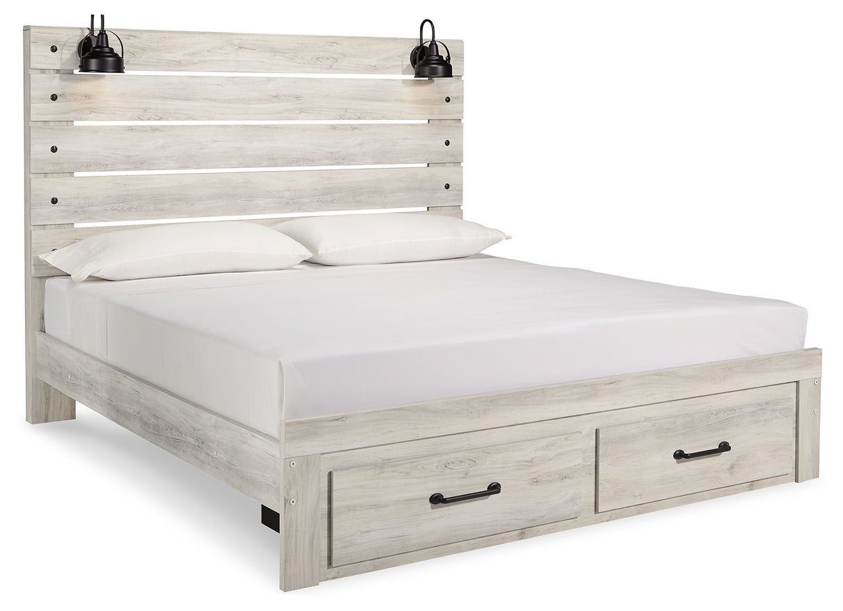 Cambeck King Panel Bed with 2 Storage Drawers with Mirrored Dresser and 2 Nightstands in Whitewash - PKG003045