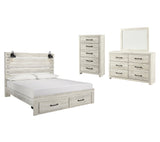 Cambeck King Panel Bed with 2 Storage Drawers with Mirrored Dresser and Chest in Whitewash - PKG003046