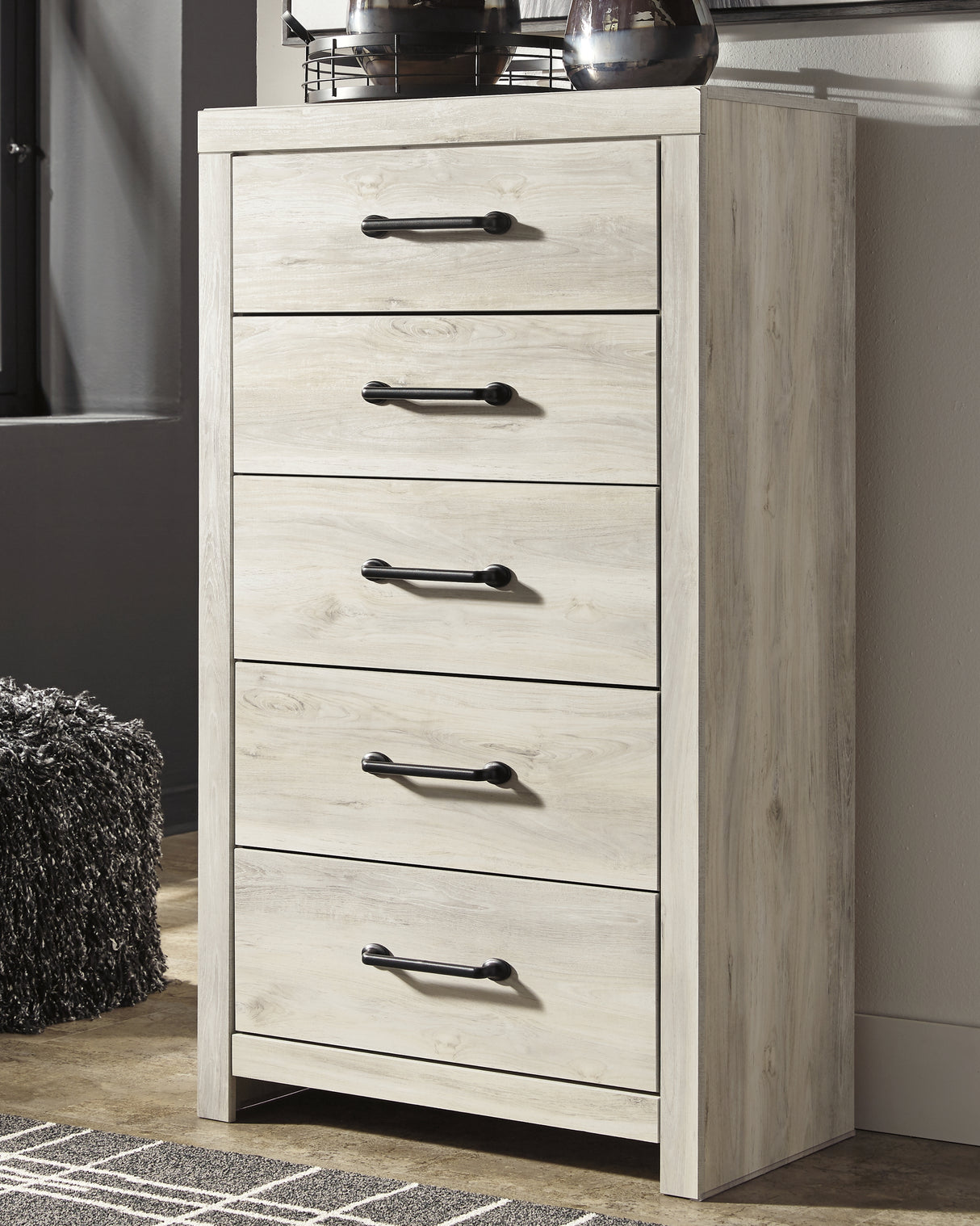 Cambeck King Panel Bed with 2 Storage Drawers with Mirrored Dresser and Chest in Whitewash - PKG003046