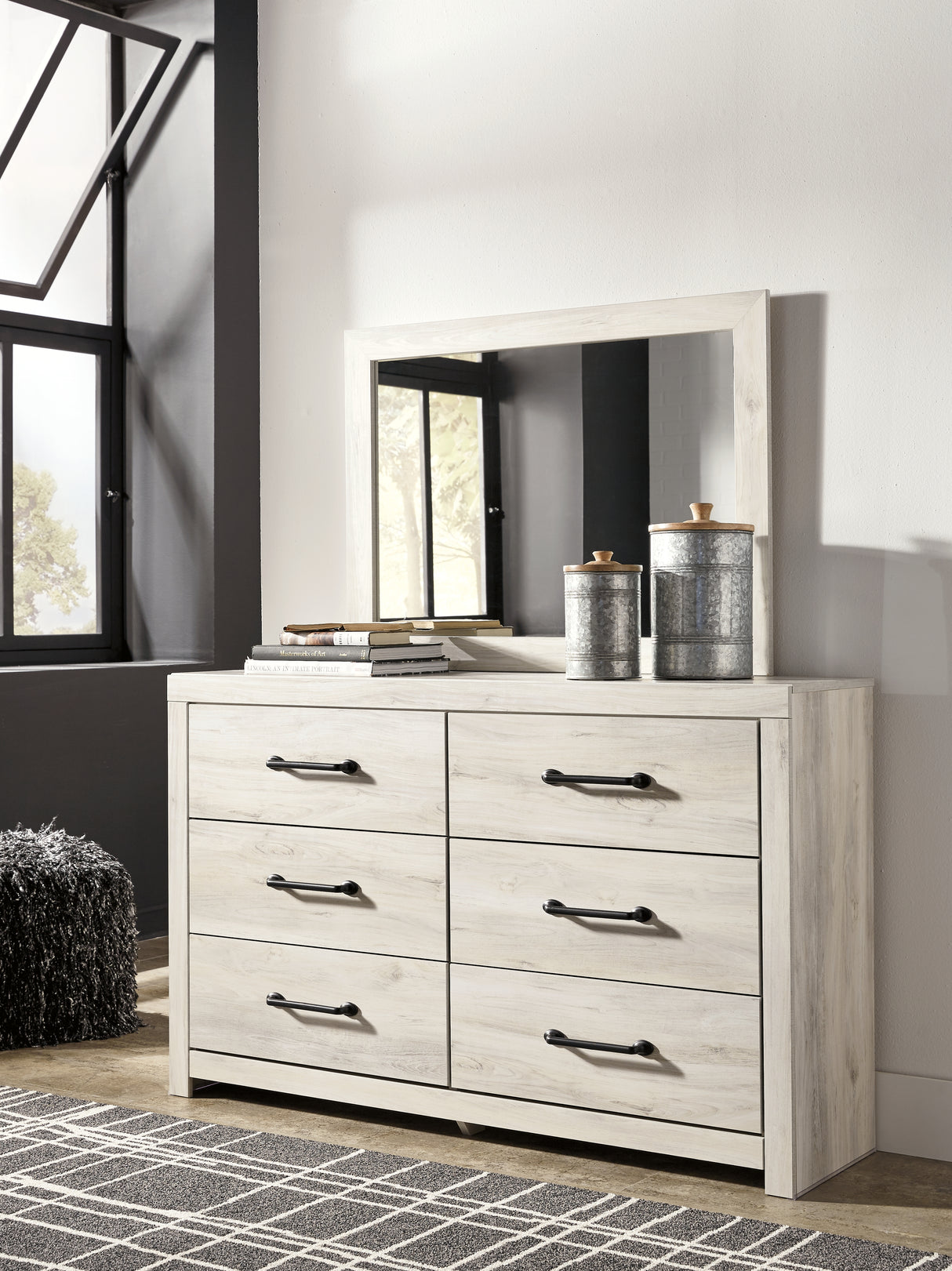 Cambeck King Panel Bed with 2 Storage Drawers with Mirrored Dresser and Chest in Whitewash from Ashley - Luna Furniture