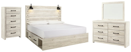 Cambeck King Panel Bed with 2 Storage Drawers with Mirrored Dresser and Chest in Whitewash - PKG007506