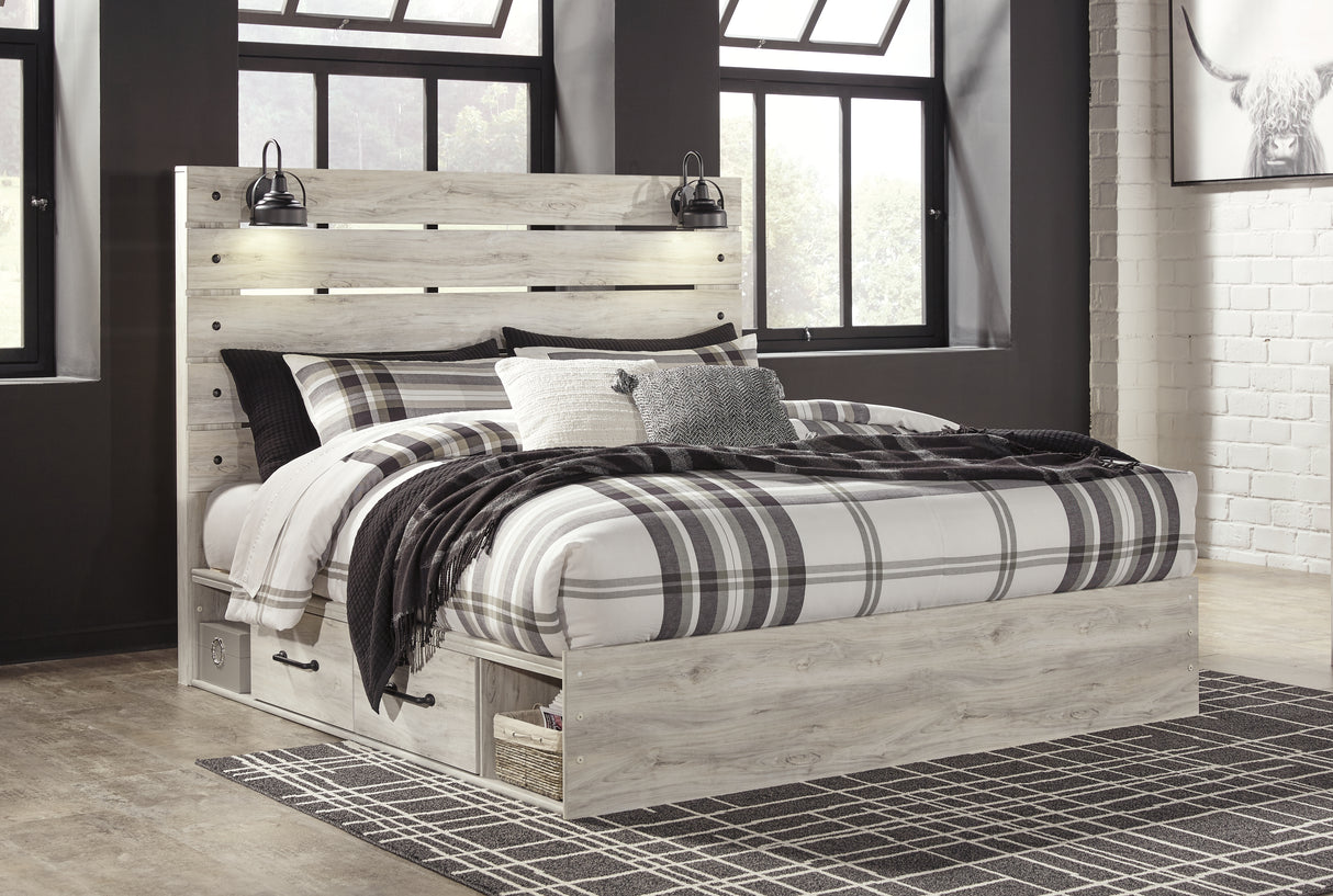 Cambeck King Panel Bed with 2 Storage Drawers with Mirrored Dresser and Chest in Whitewash from Ashley - Luna Furniture