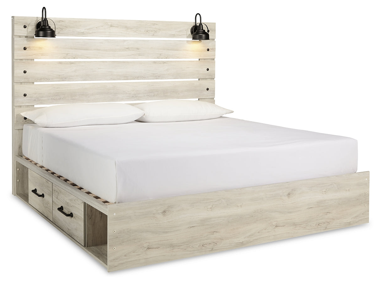 Cambeck King Panel Bed with 2 Storage Drawers with Mirrored Dresser and Chest in Whitewash from Ashley - Luna Furniture