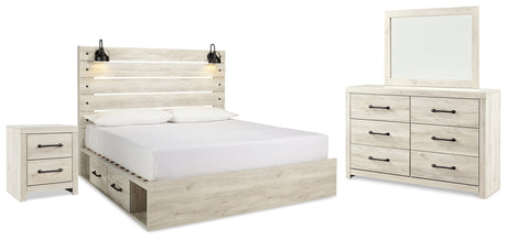 Cambeck King Panel Bed with 2 Storage Drawers with Mirrored Dresser and Nightstand in Whitewash - PKG014085