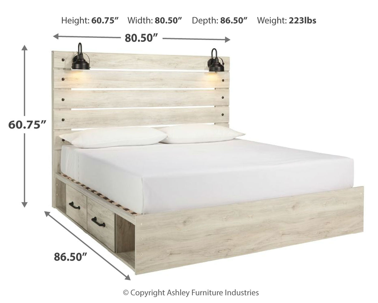 Cambeck King Panel Bed with 2 Storage Drawers with Mirrored Dresser and Nightstand in Whitewash from Ashley - Luna Furniture