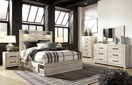 Cambeck King Panel Bed with 2 Storage Drawers with Mirrored Dresser, Chest and 2 Nightstands in Whitewash - PKG003006