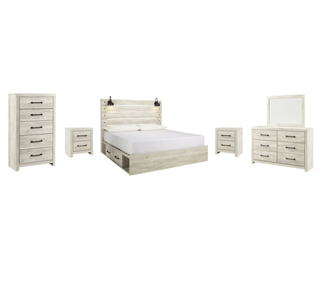 Cambeck King Panel Bed with 2 Storage Drawers with Mirrored Dresser, Chest and 2 Nightstands in Whitewash - PKG003006