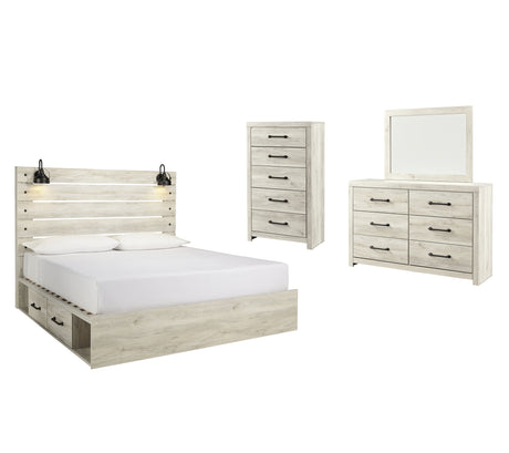 Cambeck King Panel Bed with 2 Storage Drawers with Mirrored Dresser, Chest and Nightstand in Whitewash from Ashley - Luna Furniture