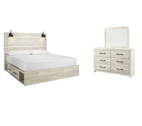 Cambeck King Panel Bed with 2 Storage Drawers with Mirrored Dresser in Whitewash from Ashley - Luna Furniture