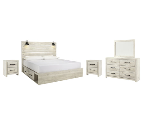 Cambeck King Panel Bed with 4 Storage Drawers with Mirrored Dresser and 2 Nightstands in Whitewash from Ashley - Luna Furniture