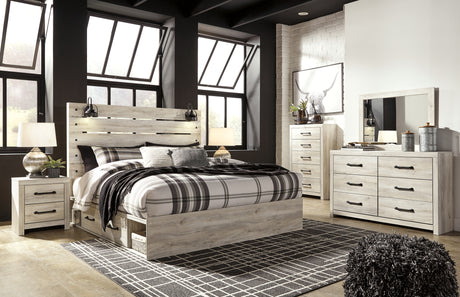 Cambeck King Panel Bed with 4 Storage Drawers with Mirrored Dresser, Chest and 2 Nightstands in Whitewash - PKG003030