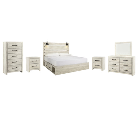 Cambeck King Panel Bed with 4 Storage Drawers with Mirrored Dresser, Chest and 2 Nightstands in Whitewash from Ashley - Luna Furniture