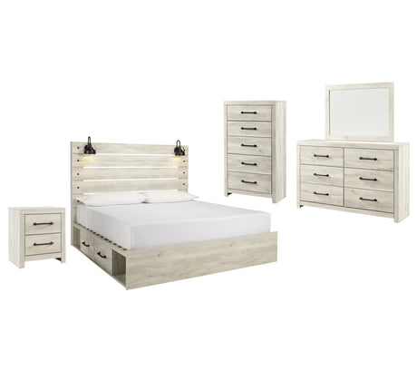 Cambeck King Panel Bed with 4 Storage Drawers with Mirrored Dresser, Chest and Nightstand in Whitewash from Ashley - Luna Furniture