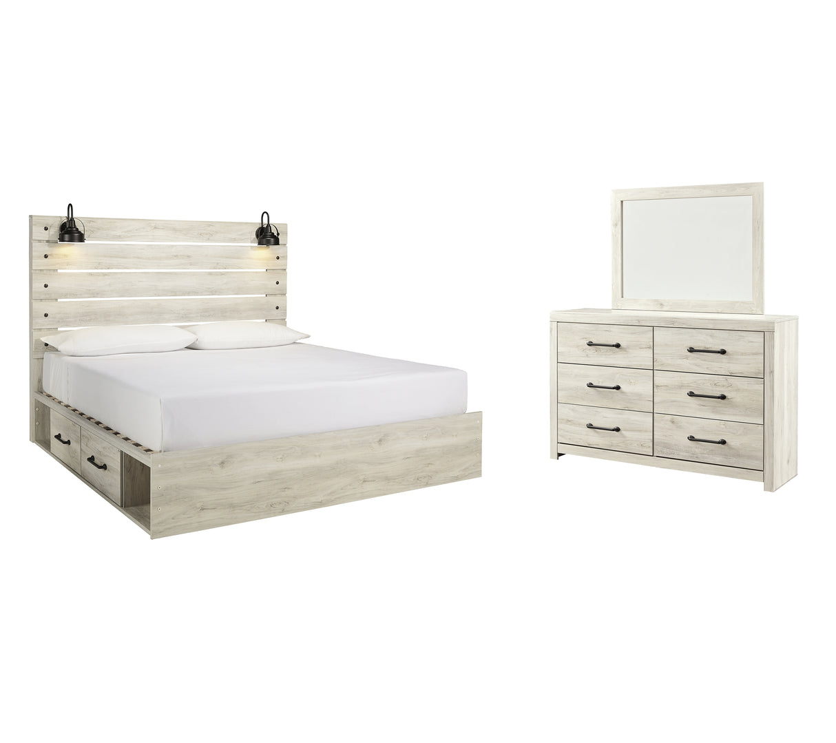 Cambeck King Panel Bed with 4 Storage Drawers with Mirrored Dresser in Whitewash - PKG003026