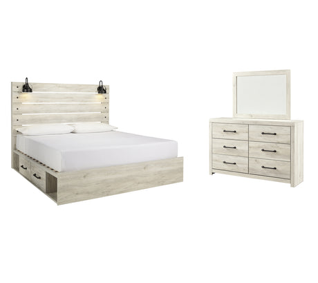 Cambeck King Panel Bed with 4 Storage Drawers with Mirrored Dresser in Whitewash from Ashley - Luna Furniture