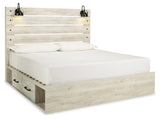 Cambeck King Panel Bed with 4 Storage Drawers with Mirrored Dresser in Whitewash - PKG003026