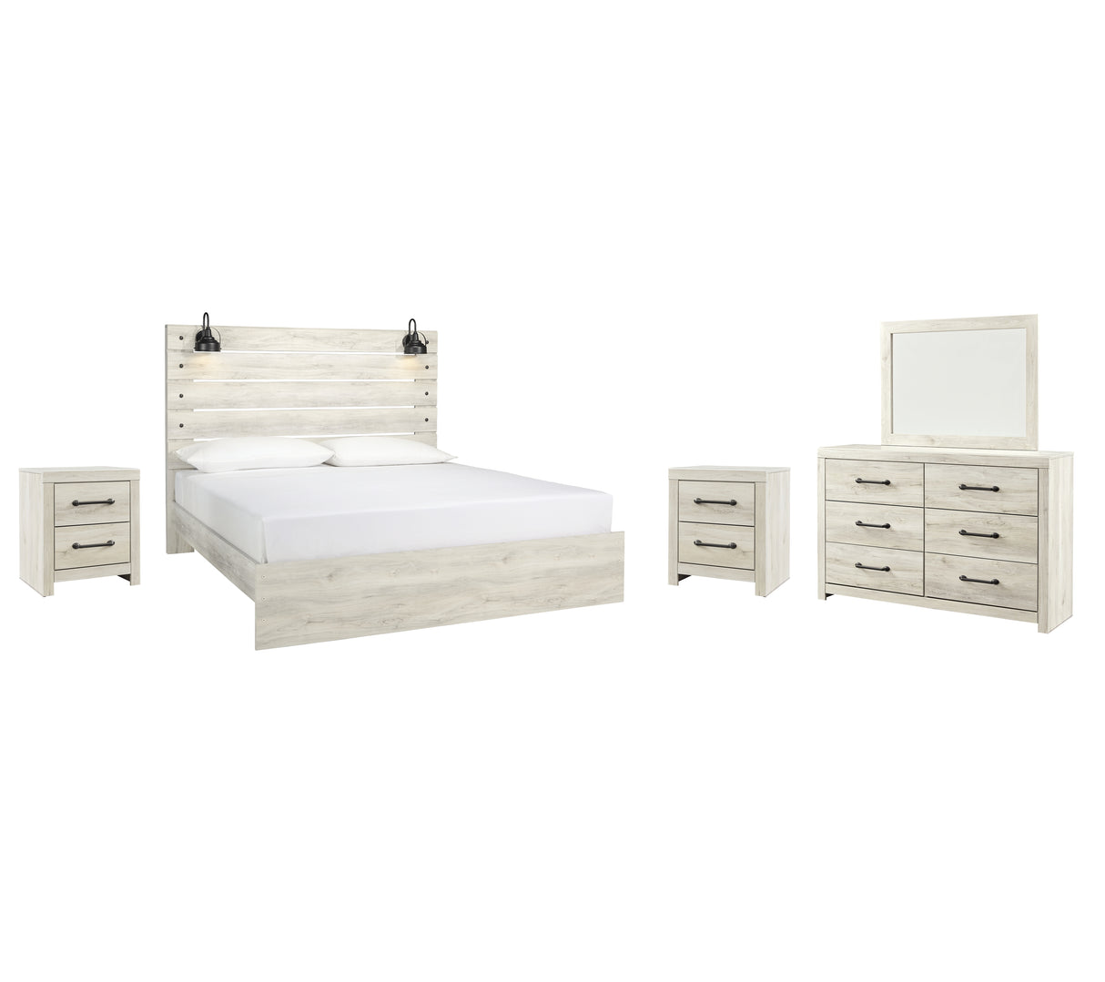 Cambeck King Panel Bed with Mirrored Dresser and 2 Nightstands in Whitewash - PKG003033