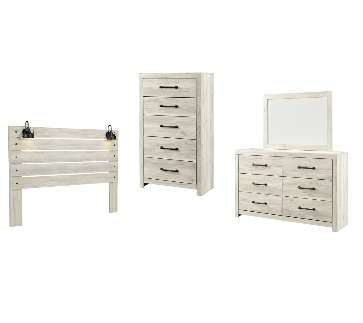 Cambeck King Panel Headboard Bed with Mirrored Dresser, Chest and Nightstand in Whitewash - PKG002970