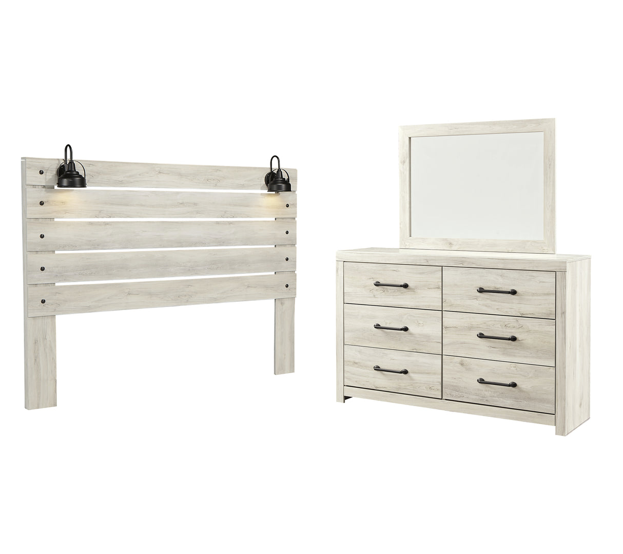 Cambeck King Panel Headboard Bed with Mirrored Dresser in Whitewash - PKG002967