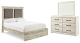 Cambeck King Upholstered Panel Bed with Mirrored Dresser in Whitewash - PKG010600