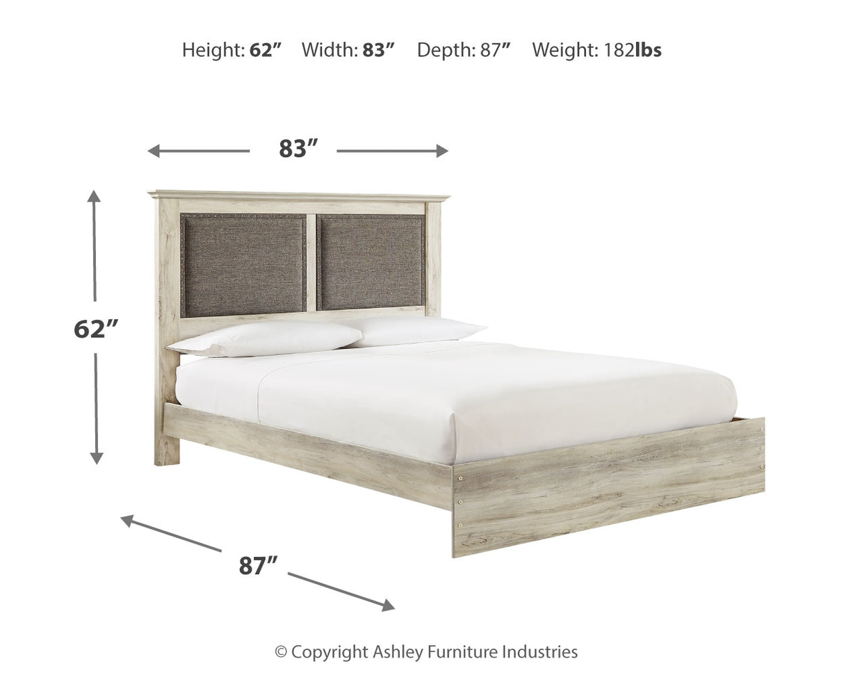 Cambeck King Upholstered Panel Bed with Mirrored Dresser in Whitewash - PKG010600