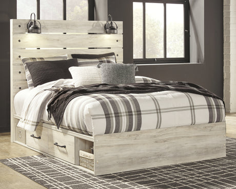 Cambeck Queen Panel Bed with 2 Storage Drawers with Mirrored Dresser and 2 Nightstands in Whitewash - PKG002995