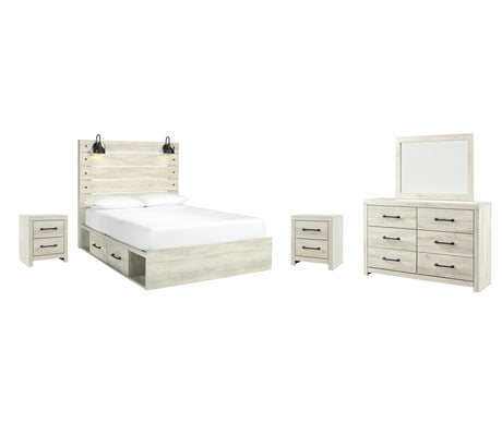 Cambeck Queen Panel Bed with 2 Storage Drawers with Mirrored Dresser and 2 Nightstands in Whitewash from Ashley - Luna Furniture