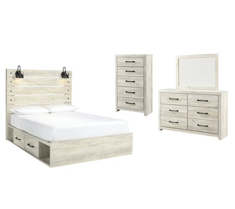 Cambeck Queen Panel Bed with 2 Storage Drawers with Mirrored Dresser and Chest in Whitewash - PKG002996